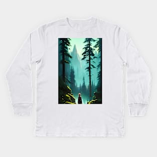 Greenish Anime Girl Nature Forest River Landscape Kids Long Sleeve T-Shirt